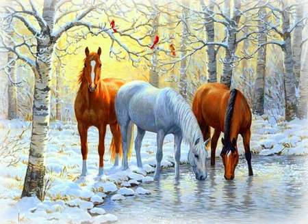 WINTER WILD - horses, puzzle, snow, water, winter, birds