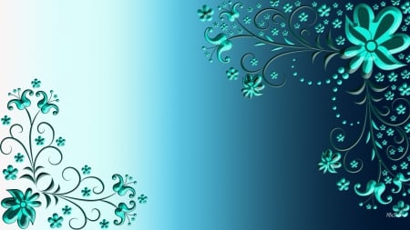 Aqua Floral Design - aqua, gradient, floral, 3d, cyan, flowers, vines