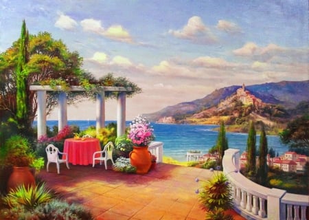 Dream - pretty, relax, summer, beach, landscape, flowers, shore, view, gazebo, lake, paradise, art, sky, water, beautiful, vacation, sea, table, rest, Italy, painting