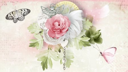 Wings of Summer - flowers, angels, soft, wings, butterflies, rose, pink, leaves