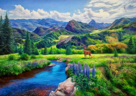 Mountain view - sky, greenery, meadow, creek, painting, view, quiet, art, calmness, river, grass, hills, landscape, mountain, summer, deer, lovely, serenity, nature, beautiful, animal, wildflowers