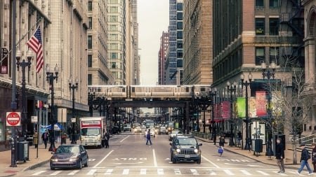 downtown chicago - city, street, trains, elevated