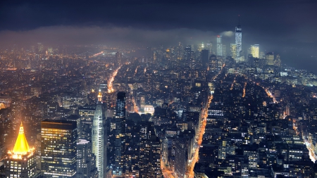 fog over new york city - night, fog, city, streets, skyscrapers, lights