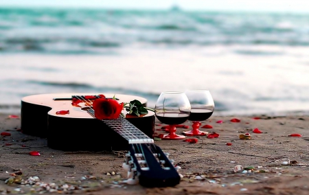 Romantic Place - nature, beach, guitar, water, glas, sea, rose, red wine