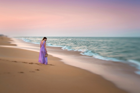 Summer Morning - dreamer, summer, female, beach, splendor, dress, sunrise, walk, sand, seaview, ocean waves, sky, clouds, girl, sea, summer time, ocean, nature, lady, waves, footprints