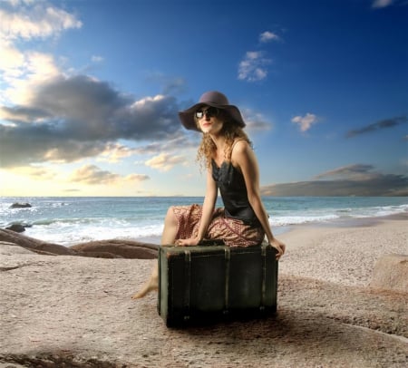 ♥ - lady, suitcase, summer, beach