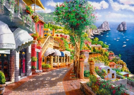 Capri - street, sky, paradise, peaceful, sailboats, countryside, coast, vacation, painting, art, walk, travel, boats, summer, sailing, capri, shore, lovely, village, town, beautiful, rest, flowers