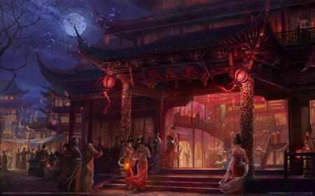 â™¥ - red, lights, pink, pagoda, night, blue, fantasy, people, moon, asian