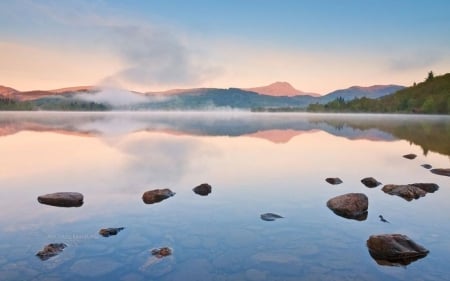 Kinlochard - sky, landscape, water, mountains, wallpaper, mist, rocks, hd, nature, lakes, forest, reflection, fog, scene