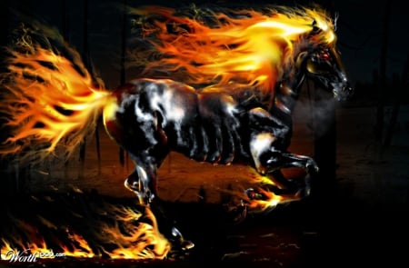 flaming horse - shining, fast, black, galopping