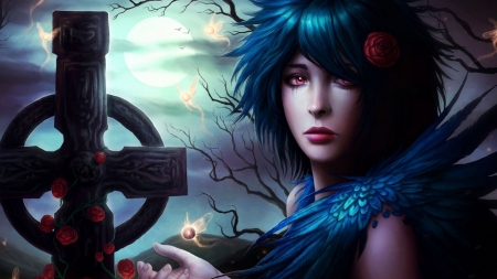 blue girl - dark, sad, background, cross