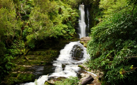 McLean Waterfall, New Zealand - nature, forest, new zealand, waterfall, rocks