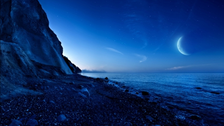 Sea Moon - moon, sea, nightfall, mountain