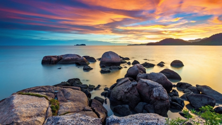 marvelous dawn sky - sky, dawn, shore, colors, sea, rocks