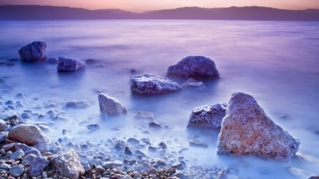 dead sea shore - rocks, salt, sea, mist, shore