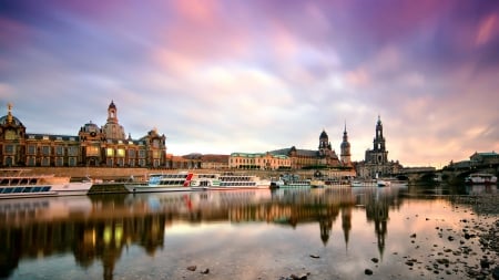 the elbe river in dresden germany - reflections, boats, river, city, dusk