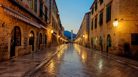 church at the end of a street in dubravnik croatia - street, dawn, lights, rain, city, church