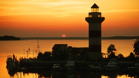 lighthouse silhouette at sunset - lighthouse, silhouette, sunset, sea