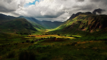 clouds over a marvelous valley in england - fields, valley, clouds, shadows, mountains