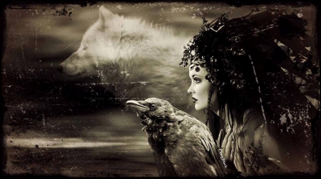 Spirits of the Night - wolf, nature, spirits, lady, animals