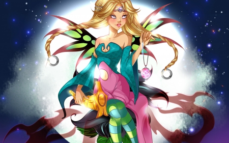 Moon fairy - moon, girl, pink, wings, green, fairy, fantasy