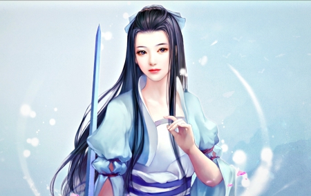 Fantasy girl - woman, princess, chinese paladin, girl, asian, fantasy, game, blue, katana, sword, the legend of sword and fairy