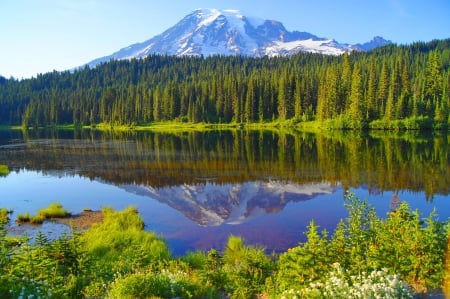 Landscape with mountain and lake - lake, sky, mountain, mirrored, clear, lovely, peak, serenity, nature, calmness, reflection, tranquil, beautiful, river, grass