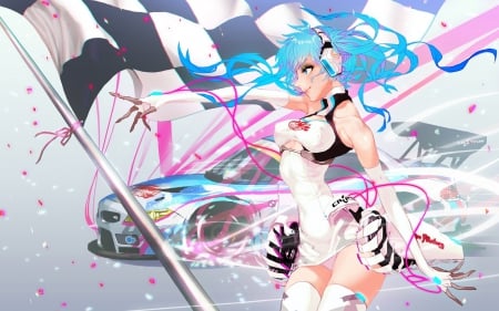 Rancing Girl and Rancing Car - bg, volc, rancing car, girl, mini skirt, highschool lady, rancing girl, flage, colours, classic, anime