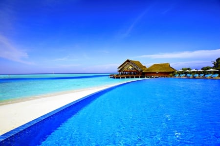 SUMMER VACATION - tropical, palm, maldives, crystal clear, white sand, sun, blue, sky, bungalow, turquoise, resorts, luxury, trees, sea, nature