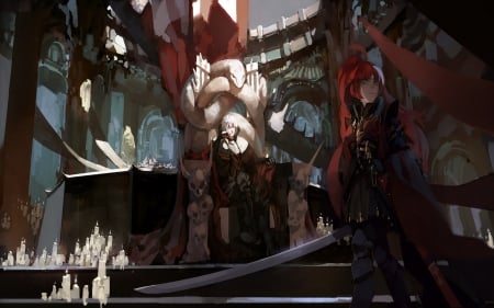 Gothic Beauty Warrior - beauty, girl, dark bg, warrior, highschool lady, gothic, game, colours, wall, anime, sword, pixiv fantasia, new