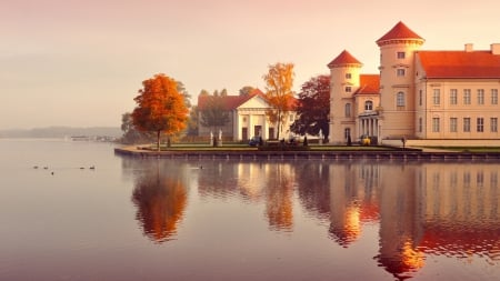 mansions on a german lake in autumn - reflections, mansions, trees, autumn, lake, ducks