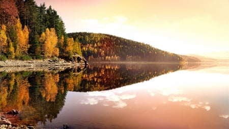 bright sunshine over calm lake - lake, sunshine, autumn, trees, mountains, sunset, nature, calm, forest, reflection, river, clouds