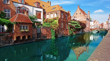 green city canal - green, plants, canal, city, reflection, bridge