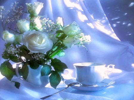 Tea in blue - flowers, sparkle, tea, blue