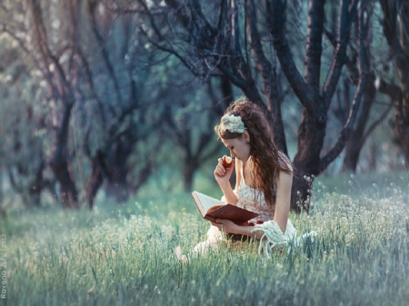 Sunday Afternoon - flowers, women, basket, trees, apples, reading, grass, peaceful