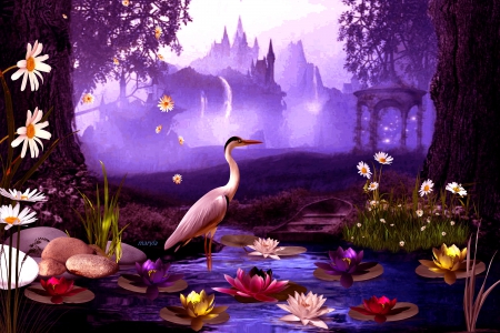 a secret place - bird, magic, evening, water lilies, light, flowers, daisies, secret, gazebo, place, castle, stone, water, pond, stones, fantasy, heron, crane