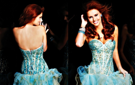 Alyssa Campanella - woman, redhead, girl, black, model, alyssa campanella, reflection, mirror, blue, smile, dress