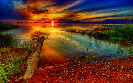 Amazing sunset - beach, sky, sundown, colorful, shore, sunset, amazing, reflection, river, beautiful, clouds