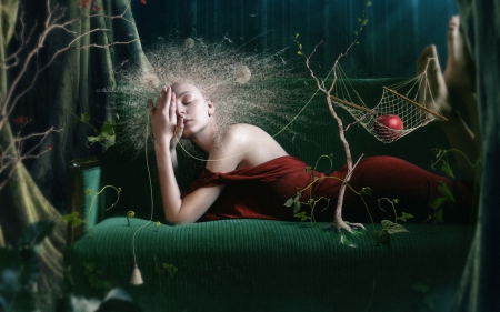 â™¥ - moon, woman, photomanipulation, girl, hammock, fruit, abstract, green, tree, apple, surrealism, dress