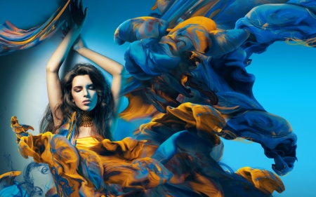 â™¥ - photomanipulation, smoke, yellow, girl, woman, blue