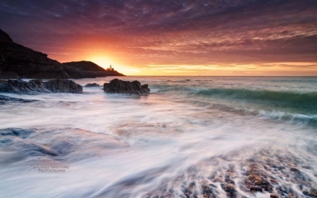 Convergence - beach, sky, sun, water, sunset, coast, clouds, dusk, scene, ocean, landscape, sunlight, light, wallpaper, waves, hd, nature, dawn, sunrise, sea