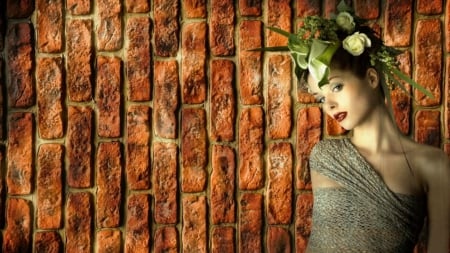 the wall - women, brown, wall, green, wallpaper, color