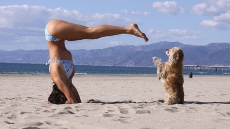 beach balance - brunette, beach, model, bikini