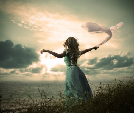 A New Day Has Come ♥ - clouds, breeze, sunlight, beautiful, girl, sea, fantasy, wind, woman, blond, sky