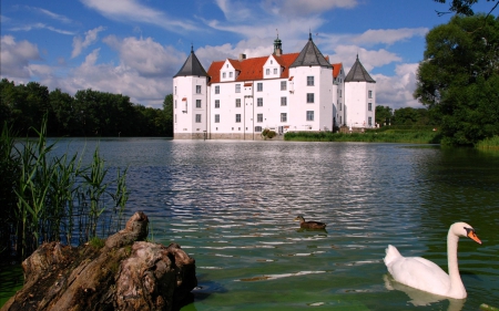 Castle Glucksburg, Germany - swan, reflection, castle, medieval, germany