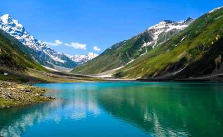 Alpine Lake - summer, beautiful, snowy peaks, blue sky, grass, mountain, Pakistan, turquoise water, ravine