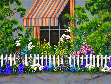 Garden flowers - pretty, house, trees, beautiful, spring, fence, freshness, flowers, colorful, painting, garden, art, cottage, picket