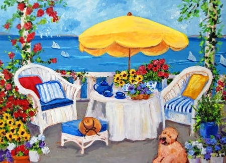 A sweet place - beach, roses, paradise, coast, painting, view, art, pretty, umbrella, dog, table, cute, relax, puppy, summer, shore, waves, beautiful, rest, sweet, flowers, sea