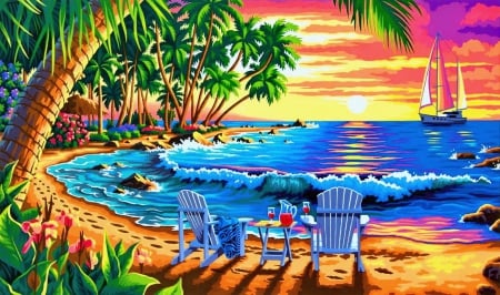 Exotic beach - pretty, relax, sunny, romantic, beach, sunrise, reflection, cocktail, shore, umbrella, exotic, paradise, art, sky, palms, beautiful, sea, ocean, rest, tropics, glow, sailboat, painting, juice, waves, fiery, sands