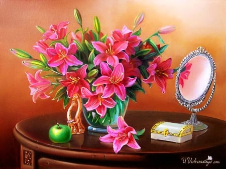 Still life - pretty, vase, beautiful, fragrance, room, lovely, still life, bouquet, home, harmony, flowers, elegance, mirror, scent, box, apple